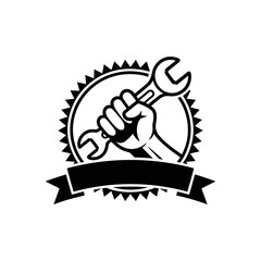 Hand Holding Wrench Badge: A strong hand confidently grasps a wrench, symbolizing repair, maintenance, and skilled craftsmanship. This emblem is perfect for mechanics, engineers, or DIY enthusiasts.