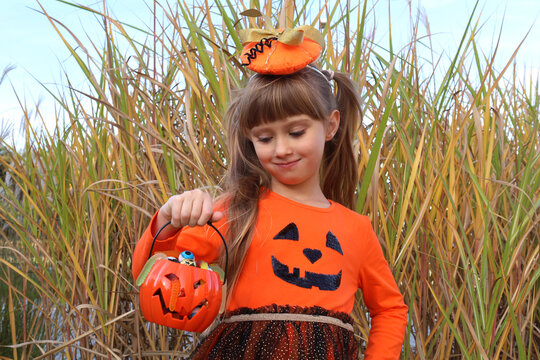 Cute girl in Halloween orange pumpkin dress and hat, standing and holding in hand jack-o-lantern plastic bucket with assorted candies. Halloween trick-or-treat concept. Outdoors park.