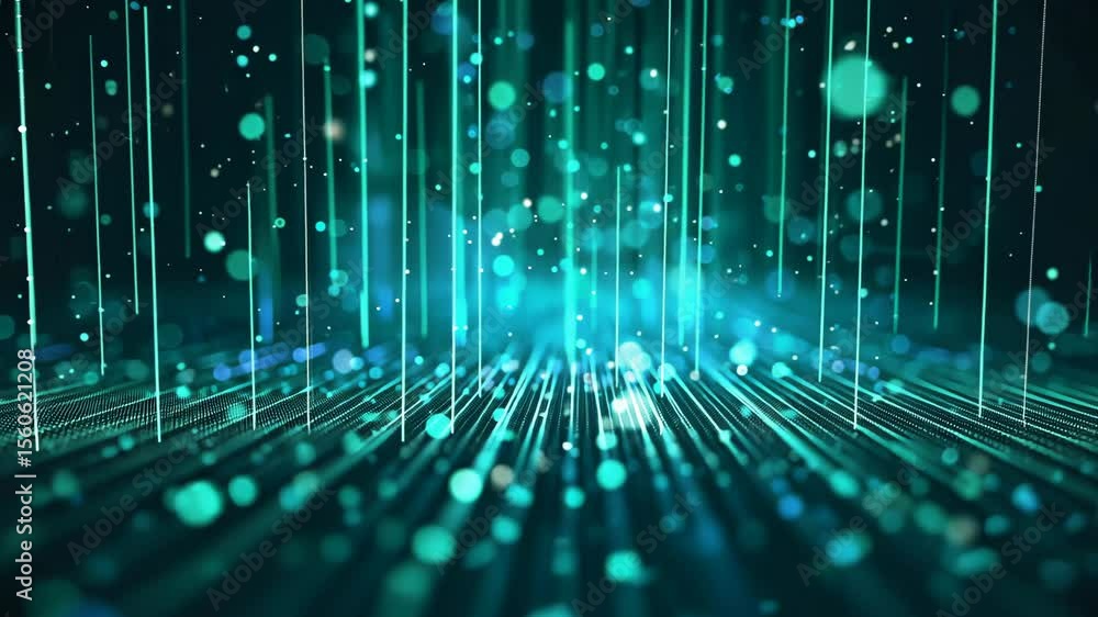 Poster dark turquoise background with floating digital particles, glowing vertical bar lines, modern and fu