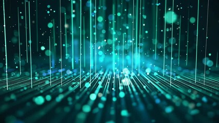 Dark turquoise background with floating digital particles, glowing vertical bar lines, modern and futuristic design - Powered by Adobe