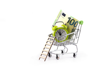 A 100 euro note, shopping cart and alarm clock