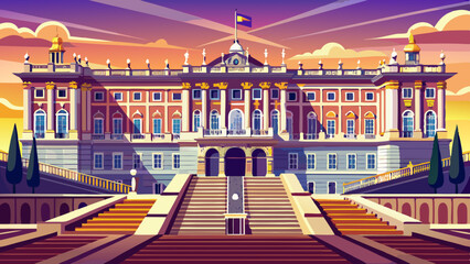 Naklejka premium Royal Palace of Madrid shines with granite and white stone symmetry, wide staircases, and regal balconies, standing as the ceremonial heart of Spain’s monarchy.