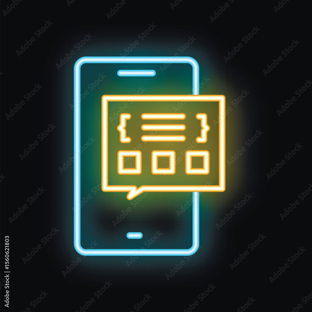 Poster Vibrant neon icon depicting a smartphone with a speech bubble containing coding brackets, lines of code, and checkboxes, symbolizing mobile app development