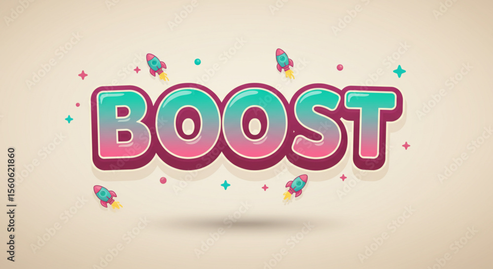Poster boost colorful 3d text effect design with rockets