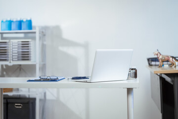 A canine anatomical model is displayed in a veterinary clinic, surrounded by medical tools and laptop, veterinary education, professional diagnosis, anatomical understanding in animal healthcare.