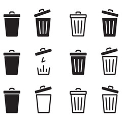 Collection of simple, minimalist black and white recycle bin icons representing waste disposal, recycling, and environmental cleanliness.