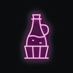 Neon sign of a bottle with a cork and liquid inside, standing in a wooden basket, glowing purple on a black background