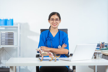 An Asian female veterinarian in blue scrubs and glasses works diligently at her desk, using a...