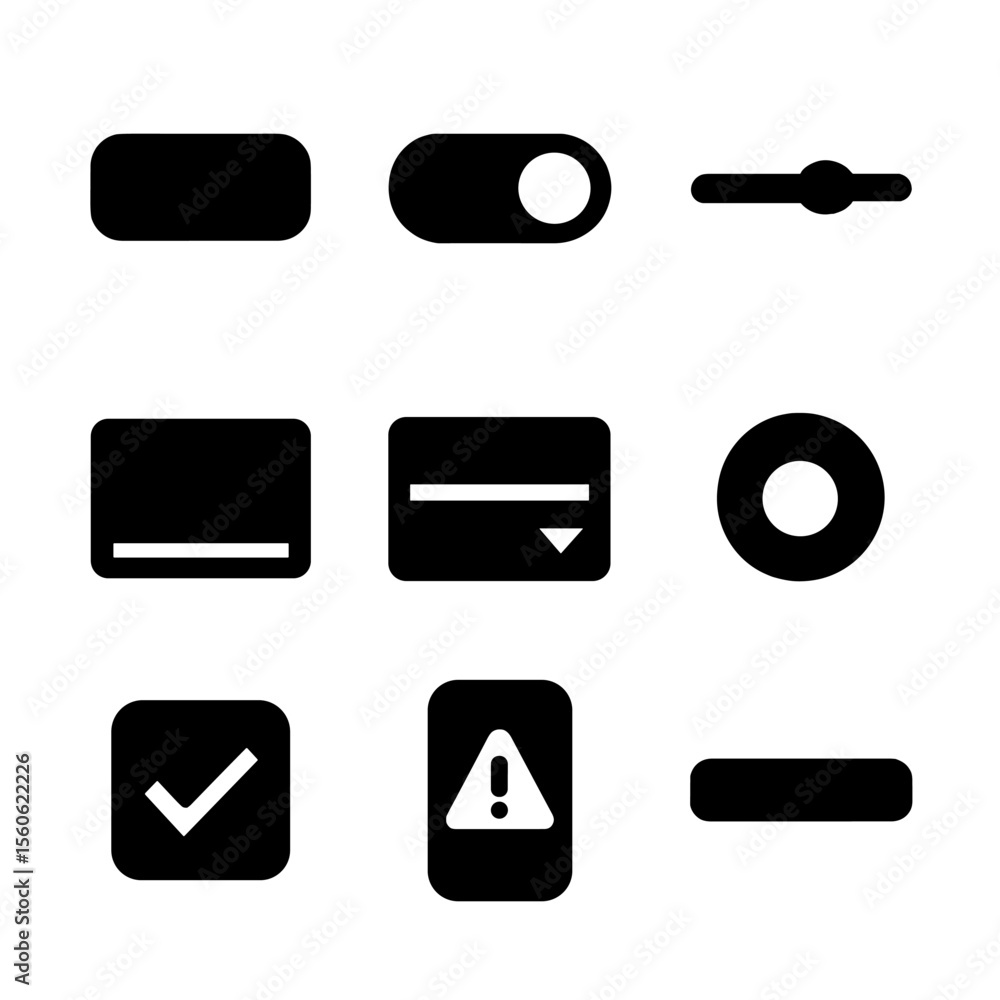 Aufkleber responsive ui icon set. solid, filled icon set of responsive ui elements: button, toggle switch, sli