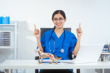 An Asian female veterinarian in blue scrubs and glasses works diligently at her desk, using a...