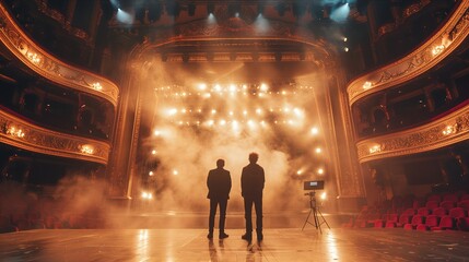 Two individuals stand in awe on stage, surrounded by bright lights and smoke, evoking a sense of anticipation.