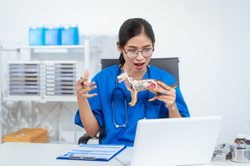 An Asian female veterinarian in blue scrubs and glasses works diligently at her desk, using a canine anatomical model and laptop to diagnose and plan treatment in a professional clinical environment.