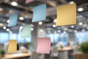 Vibrantly colored sticky notes are affixed to a clear surface in a contemporary office setting. The background features modern desks and soft lighting, creating an inspiring workspace atmosphere.