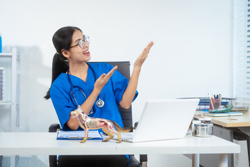 An Asian female veterinarian in blue scrubs and glasses works diligently at her desk, using a...
