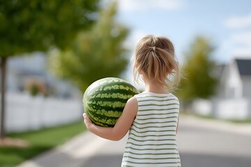 Fototapeta premium A young child seen from the back carries a large watermelon on a sunny street summertime treat.