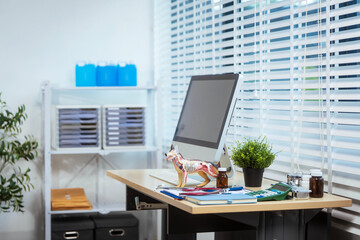 A clean, organized veterinary clinic workspace featuring a desktop computer with a blank screen, anatomical dog model, stethoscope, medicine bottles, calculator, and document shelves