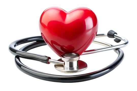 A stethoscope on a red heart symbolizes medical healthcare and cardiology