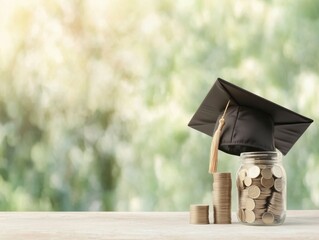 Glass jar full of coins with graduation cap on top, symbolizing education savings, tuition planning, and future investment for academic success. Bright and optimistic background.