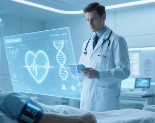 A doctor analyzing a patient's health data through a futuristic transparent screen, with holographic heart rate, blood pressure, DNA structure, and medical AI assistance interface, futuristic 