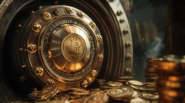 Golden bitcoin vault door surrounded by stacks of coins, symbolizing secure cryptocurrency storage, wealth protection, blockchain security, and digital finance stability - Powered by Adobe
