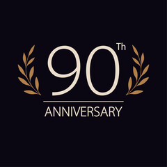 90th anniversary logo modern minimalist with leaves by side. Blue and beige, dark background. Events, celebrations, anniversary, celebrations
