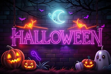 Spooky Halloween Neon Sign Announcement Celebrate the Night of Frights