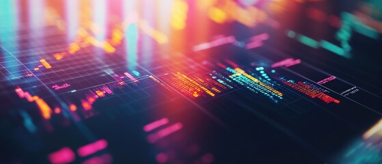 Abstract digital display showing vibrant financial data, with colorful stock charts and data streams