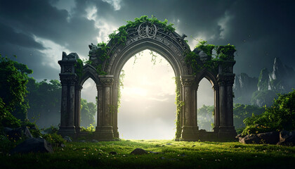 Fototapeta premium Old arch with crumbling pillars, portal to hidden world. Ancient carvings and mystical energy.