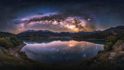 Panoramic view of a serene mountain lake at night, reflecting a vibrant Milky Way
