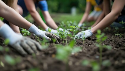 Hands planting seedlings in a garden bed.  Volunteers tending a community garden