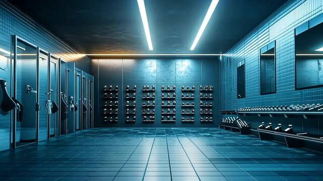 Interior view of a locker room with rows of lockers, urinals, and weights, illuminated by bright, modern lighting.