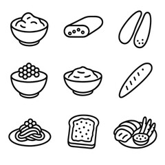 Roe Dish Icons. Outline icon set of regional roe dishes: taramosalata, bottarga slice, karasumi, ikra salad, tarama dip, karashi