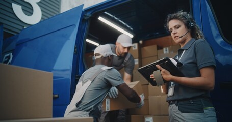 Outside of Logistics Warehouse: Diverse Employees Loading Delivery Truck with Cardboard Boxes, Online Orders, Purchases and E-Commerce Goods. Female Manager Using Digital Tablet and Barcode Scanner.