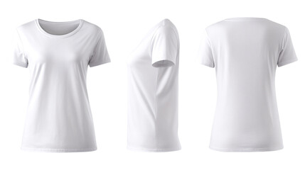 White women's t-shirt displayed from the front, side and back views