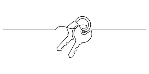Continuous one line drawing symbol of house keys, Real Estate one line icon vector, Single continuous line drawing keychain with key ring. Pro vector