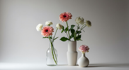 Pink and white flowers in vases pink gerbera daisy