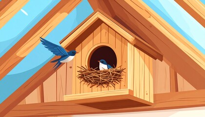 木の建物と可愛いらしいツバメの巣、小鳥、鳥