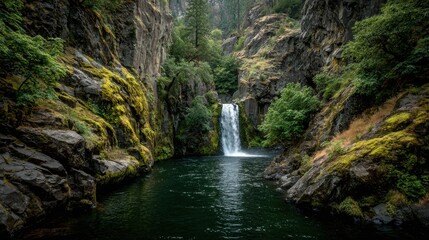 Waterfall flows into a scenic river pool surrounded by mossy rock formations at toketee falls oregon