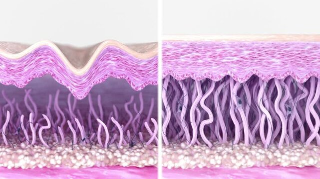 Skin layers cross-sectioned before and after anti-aging treatment. Fibroblast activation, collagen and elastin fiber regeneration, wrinkle reduction, and skin renewal 