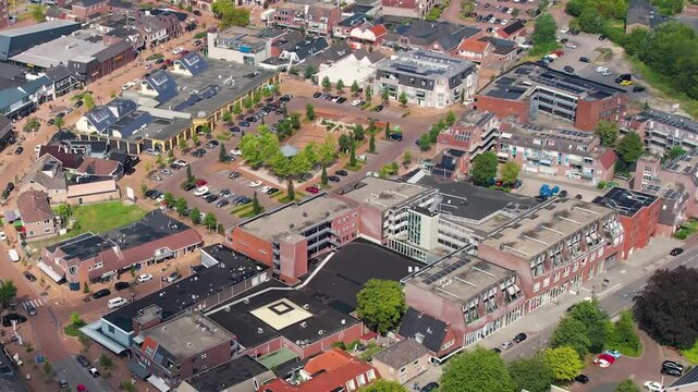An panorama Aerial view of the old town of the city Drachten in the Netherlands on a sunny day in summer