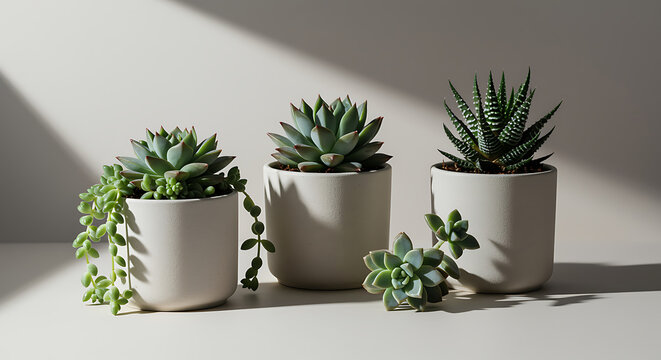 Potted succulents with dappled light potted plants