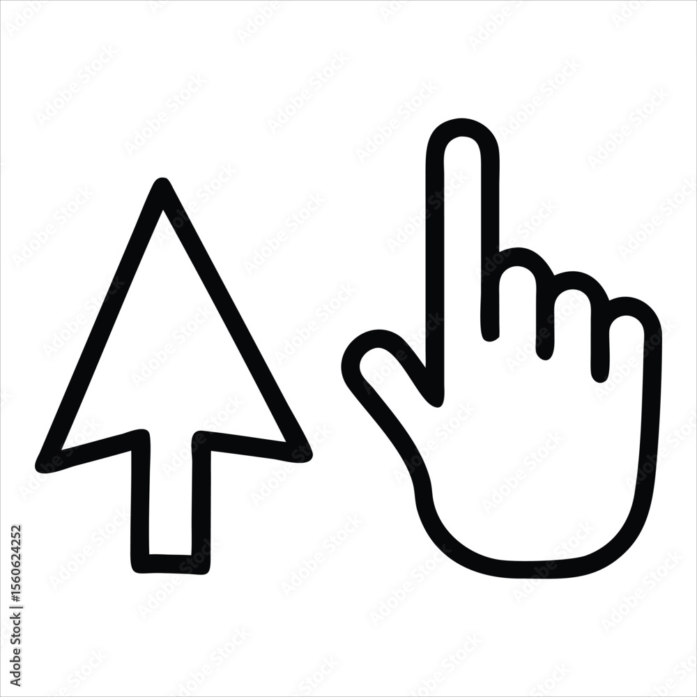 Poster digital cursor arrow and human hand interacting with pixelated elements representing online interact