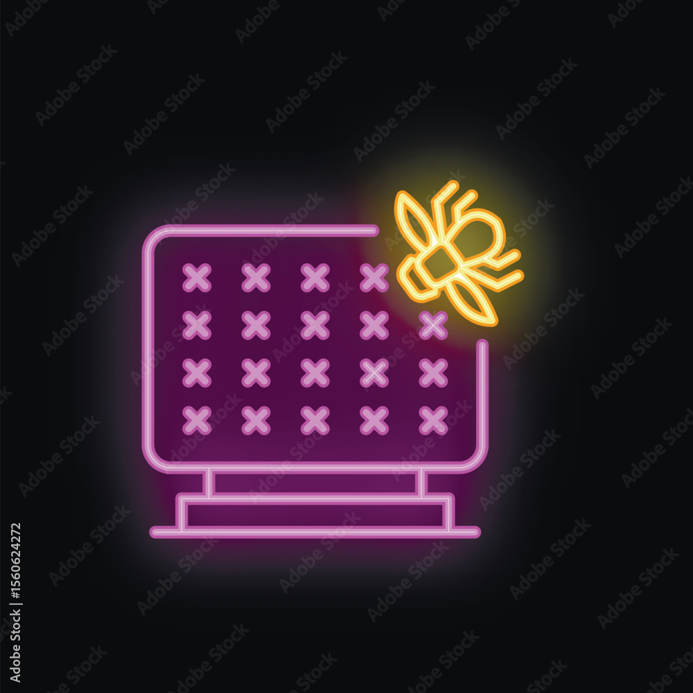 Poster colorful neon icon of a bug crawling on a computer monitor, representing cybersecurity threats