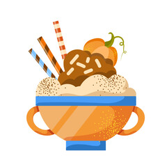 Vector pumpkin spice latte isolated on white background. Autumn coffee with whipped cream