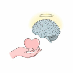 A gentle hand offers a heart alongside a serene brain, crowned with a halo.