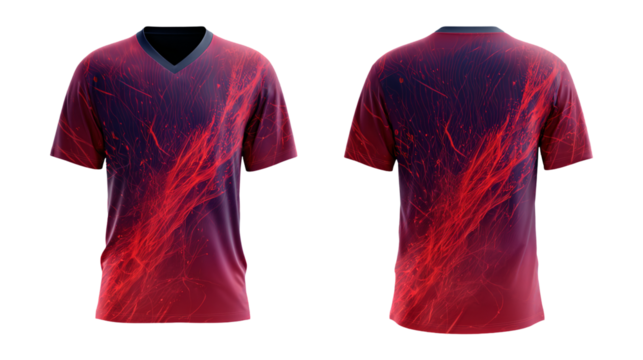 Modern v-neck t-shirt with abstract red and purple design