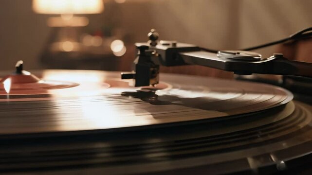 Vintage Turntable Playing Vinyl Record in Warm Ambient Light &ndash; Retro Music and Analog Audio Equipment Concept