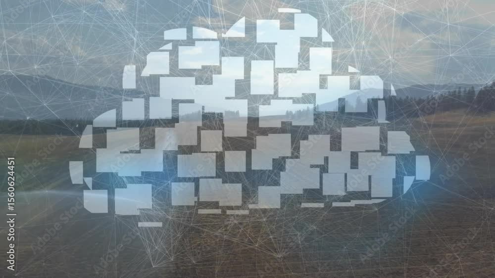 Poster farmland receiving data overlay with glowing network line fading in rectangles forming cloud icon