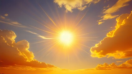 Fototapeta premium Radiant Sun in Sky: Golden Clouds & Bright Sunlight