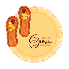 Happy Guru Purnima concept featuring sacred Guru paduka for puja. Elegant mandala design with stylish typography perfect for greeting cards, posters, and festive banners